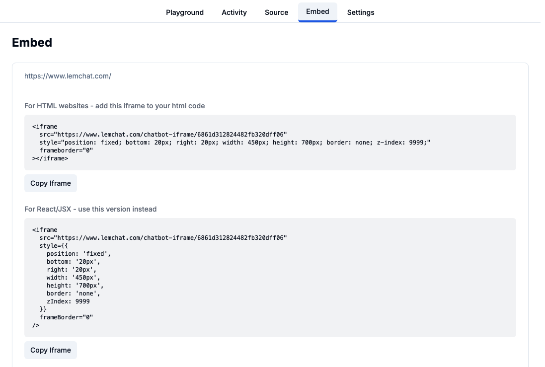 LemChat Embed Page showing iframe code examples for HTML and React